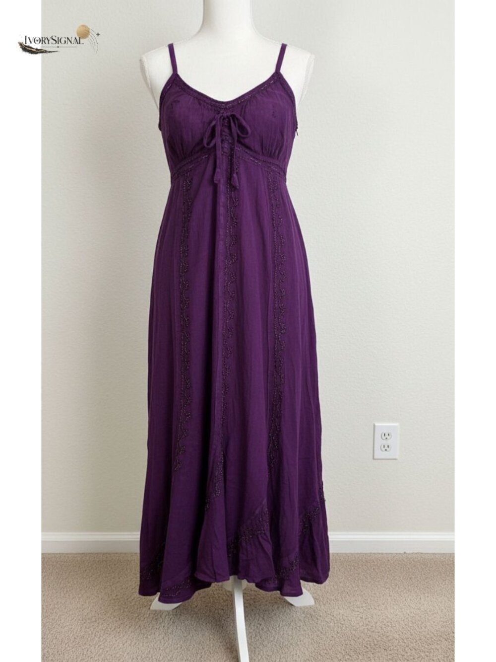 Boho Maxi Embroidered Stonewashed Rayon Dress Adjustable Spaghetti Strap